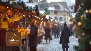 Des visiteurs explorant les chalets illuminés du marché de Noël de Ribeauvillé, entourés de décorations festives et de produits artisanaux.