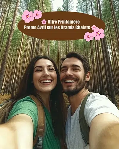 Promo Printanière Avril – Séjour nature dans un grand chalet Atypique proche de Gérardmer Lächelndes Paar beim Wandern im Wald, April-Aktion für große atypische Chalets in der Nähe von Gérardmer in den Vogesen.