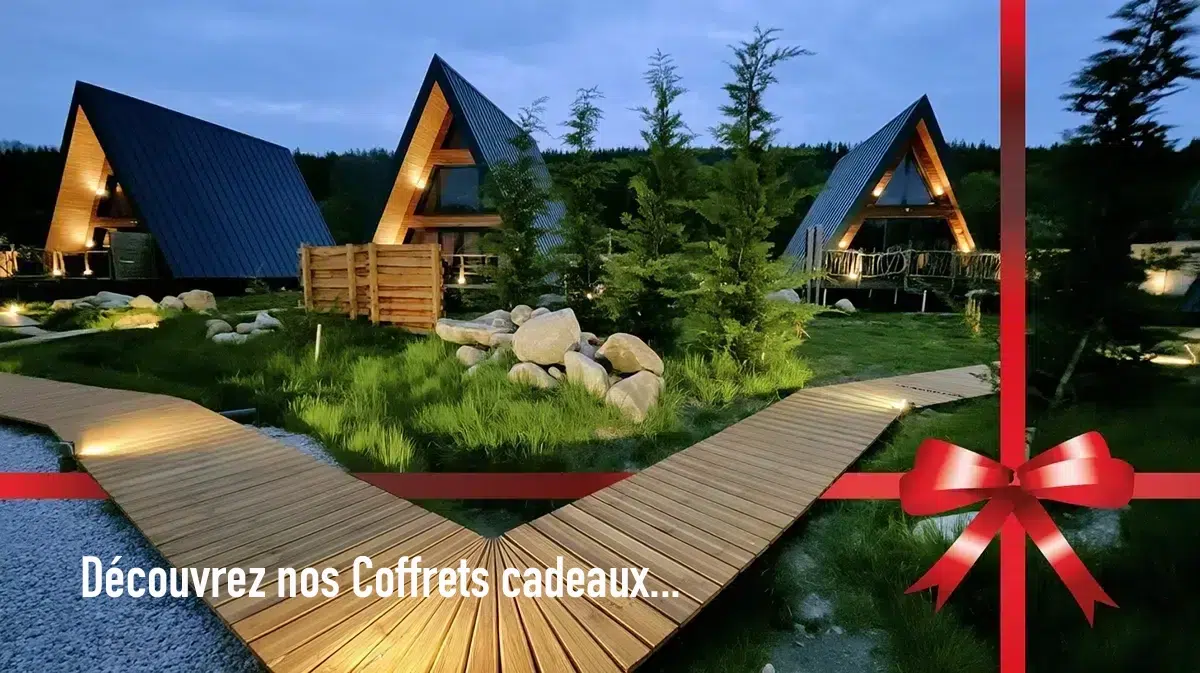 Spa-Gutschein Gérardmer – A-Frame-Chalets mit privatem Hot Tub Spa-Gutschein für Gérardmer: A-Frame-Chalets mit privatem Hot Tub und Sauna, umwickelt mit einem Geschenkband