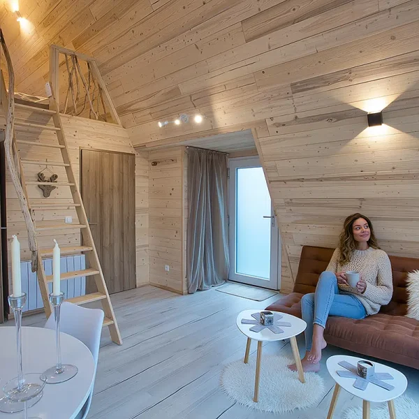 Salon lumineux du chalet A-Frame Iorik avec mezzanine sous charpente en bois, près de Gérardmer